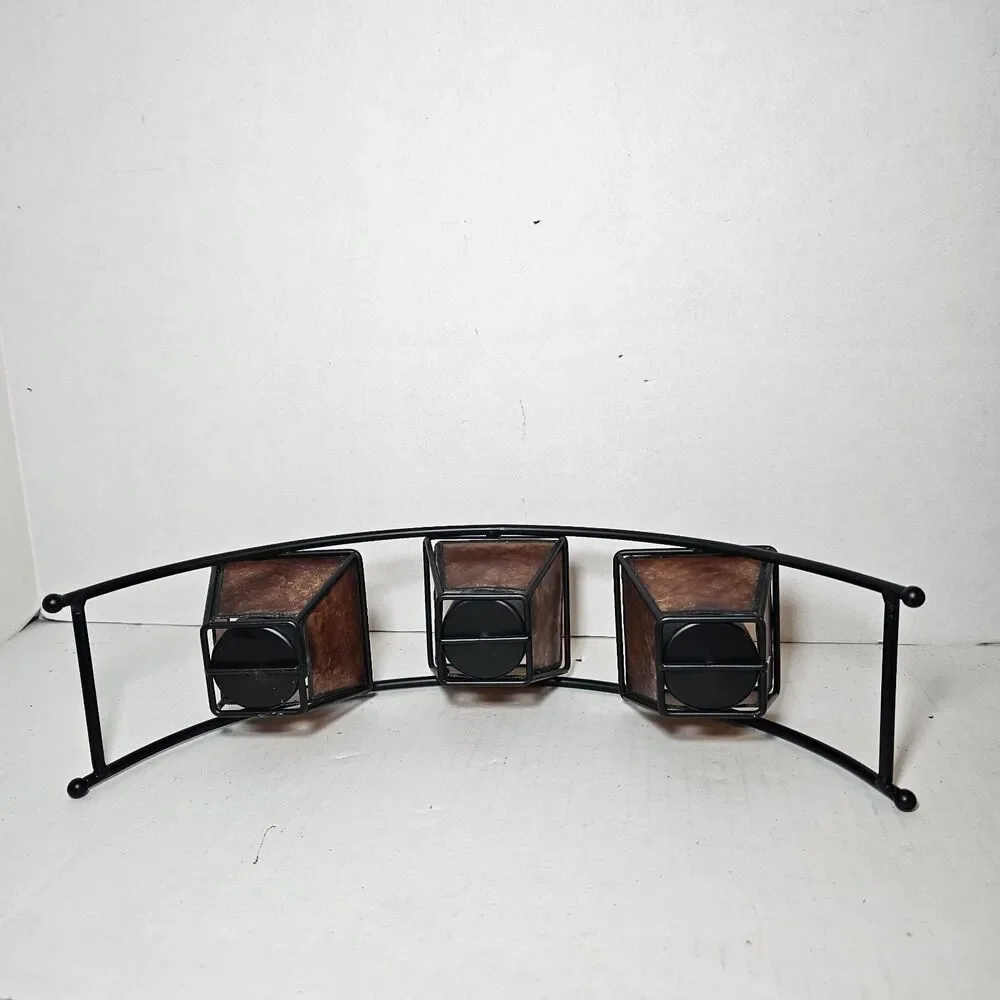 Metal Tea Light Candle Holder 3 Cups Tabletop Arch Bohemian Shabby Dark